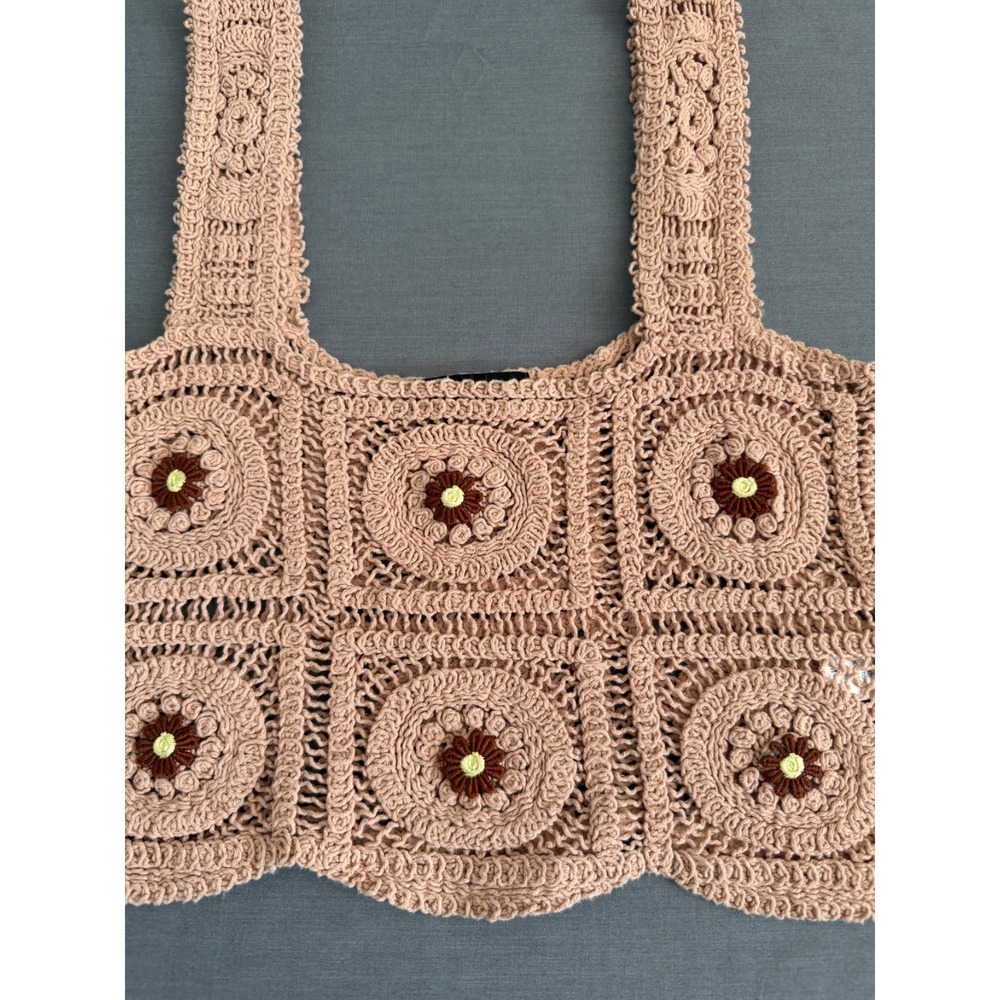 Crochet Granny Square Tank Top Crop Sz Medium Boho Festival Beige Brown Retro